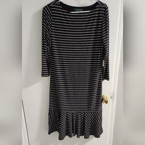Lauren Ralph Lauren Black and White Striped Long-Sleeve Drop Hem Midi Dress, PL
